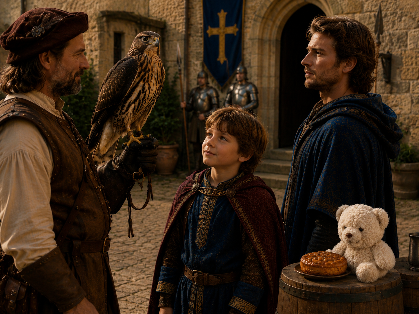 Willy and Edward meeting the royal falconer, while Monsieur Le Twigg examines a pastry.